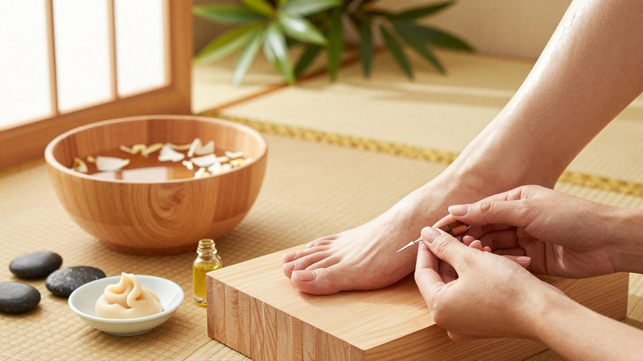 Pessoa fazendo acupuntura no pé com ambiente relaxante e acessórios de spa ao redor.