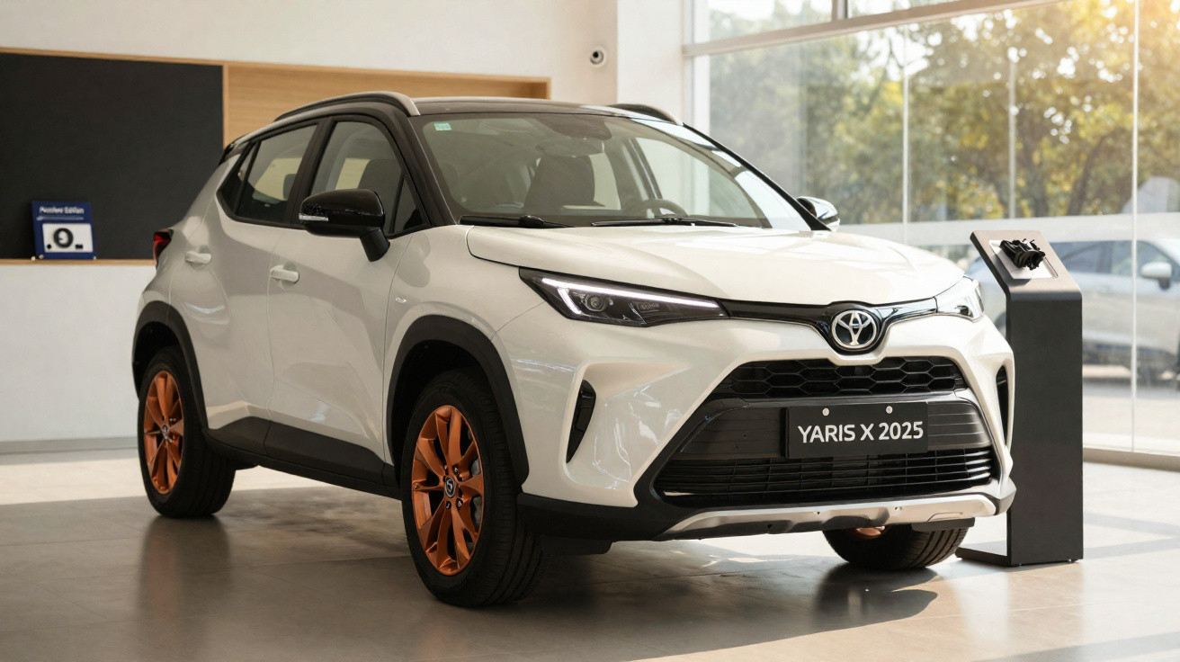 Carro Toyota Yaris X 2025 branco com teto preto e rodas laranja exposto em salão moderno.