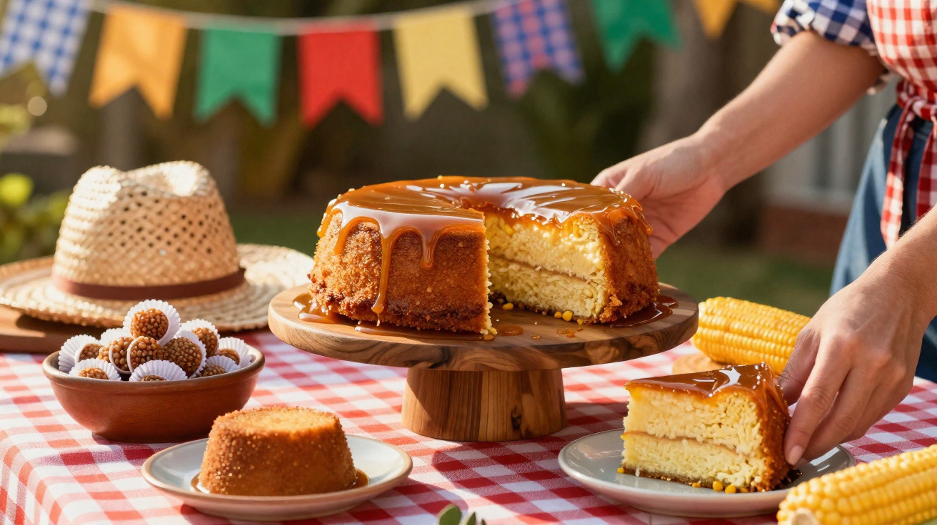 Bolo de milho com cobertura de doce de leite, brigadeiros e decoração de festa junina em mesa xadrez.