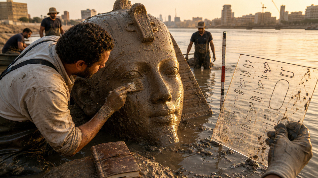 Homem limpando uma escultura colossal de cabeça egípcia semi-submersa em rio com outras pessoas ao fundo.