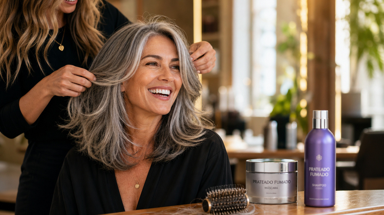 Mulher sorridente com cabelo prateado sendo penteada em salão, com produtos de cabelo prateado ao lado.