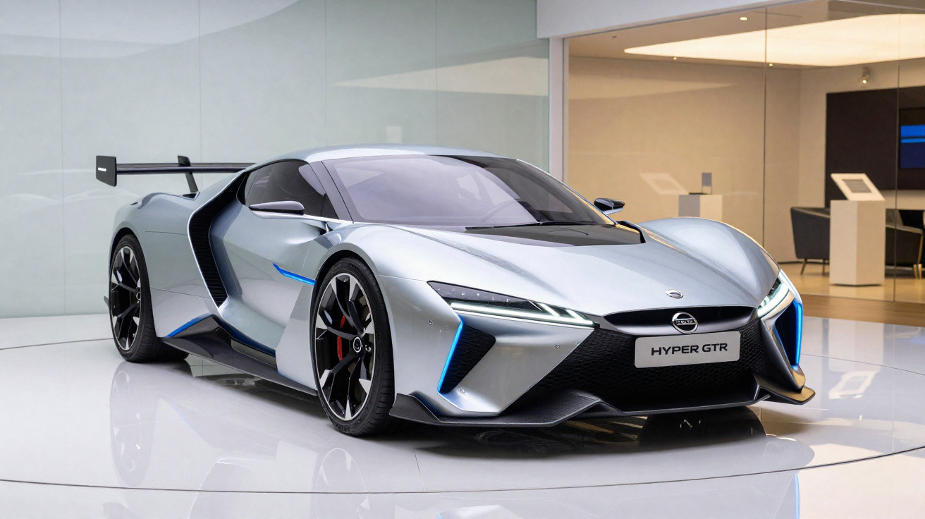 Carro esportivo prata Nissan Hyper GTR estacionado em ambiente interno moderno e iluminado.