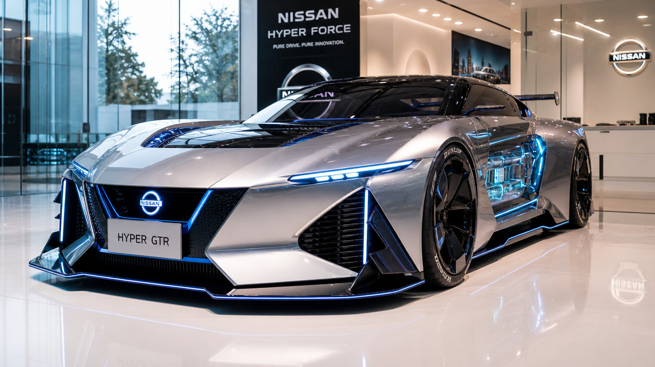 Carro esportivo conceitual Nissan Hyper GTR prata com iluminação azul em exposição interna.