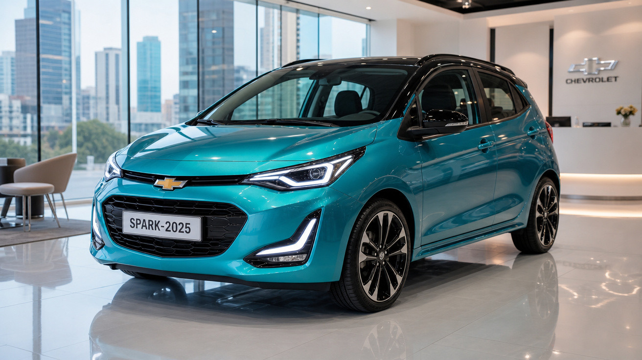 Carro compacto Chevrolet Spark 2025 azul em showroom moderno com fundo de prédios urbanos.