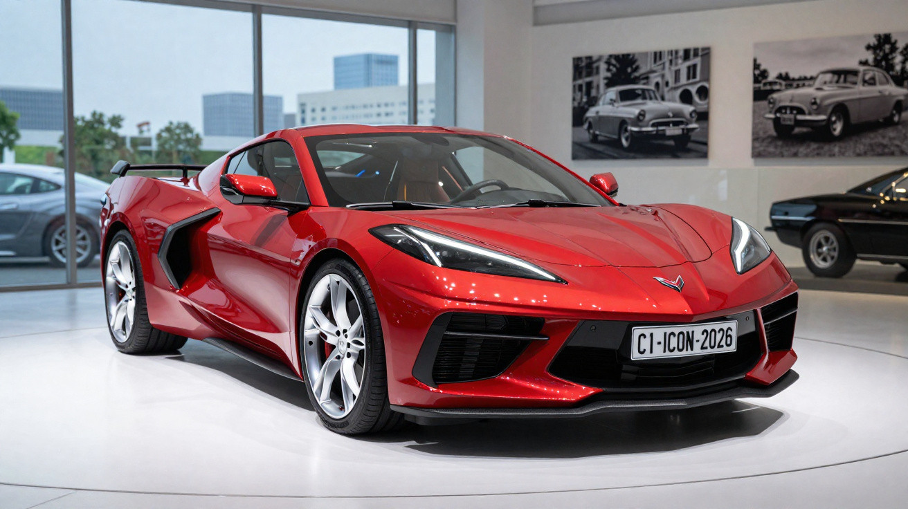 Carro esportivo vermelho com design moderno exposto em ambiente interno com outras fotos de carros na parede.