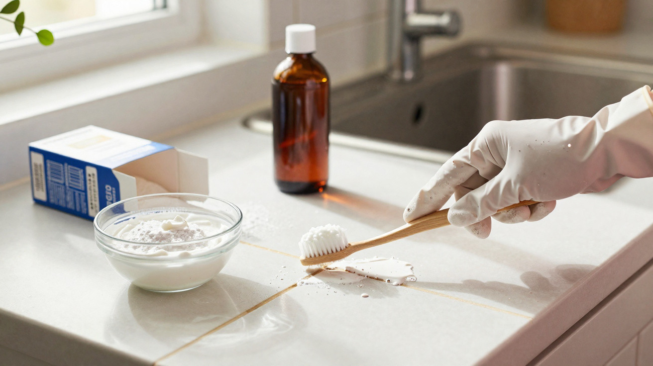 Pessoa com luva branca usando escova de dentes de bambu para limpar manchas na pia da cozinha.