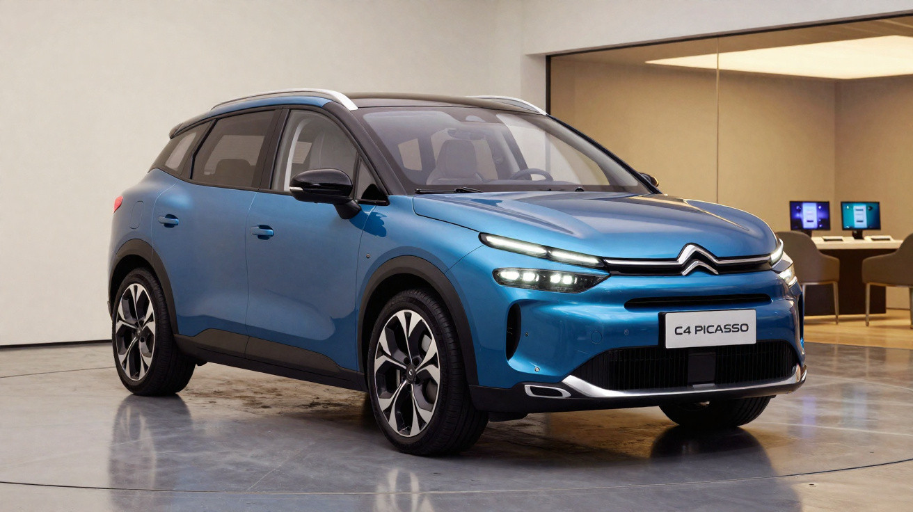 Carro azul Citroën C4 Picasso estacionado em ambiente interno com paredes claras e móveis ao fundo.