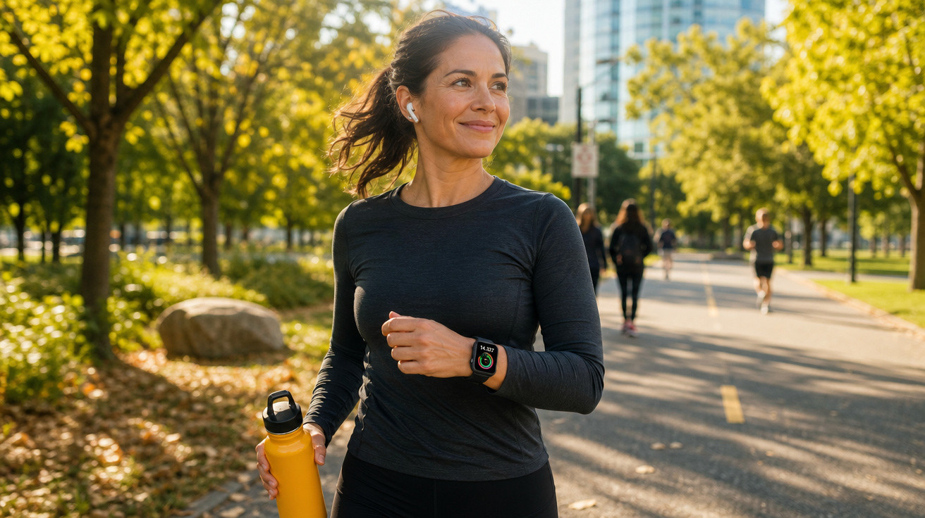 Mulher sorridente com roupa esportiva segurando garrafa amarela em parque urbano ensolarado.