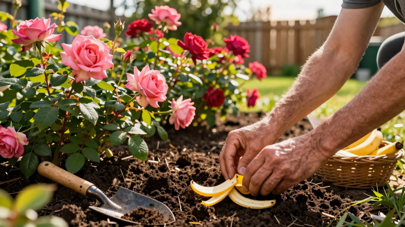 Pessoa espalhando casca de banana no jardim ao lado de roseiras com flores rosas e vermelhas.