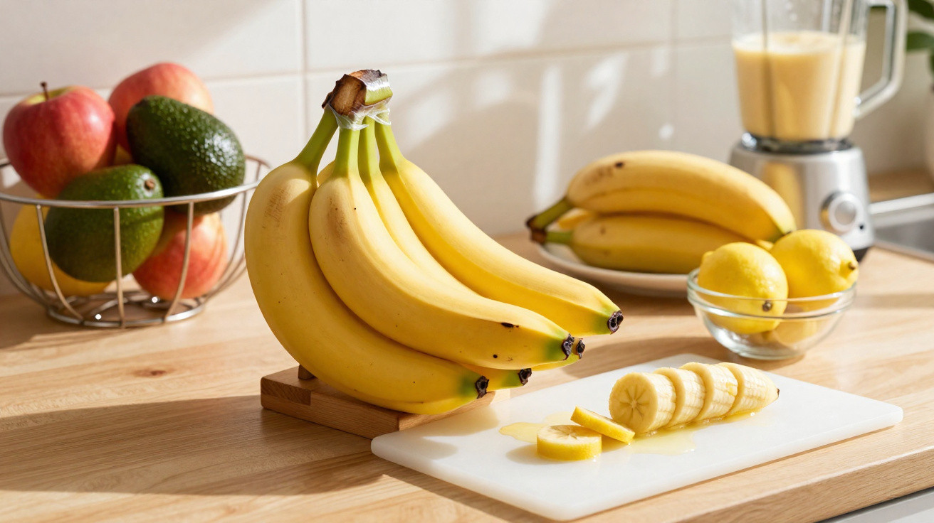 Bananas inteiras e fatiadas sobre bancada com maçãs, abacates, limões e liquidificador ao fundo.