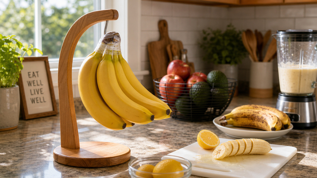 Cacho de bananas pendurado em suporte de madeira em bancada de cozinha com frutas e liquidificador ao fundo.