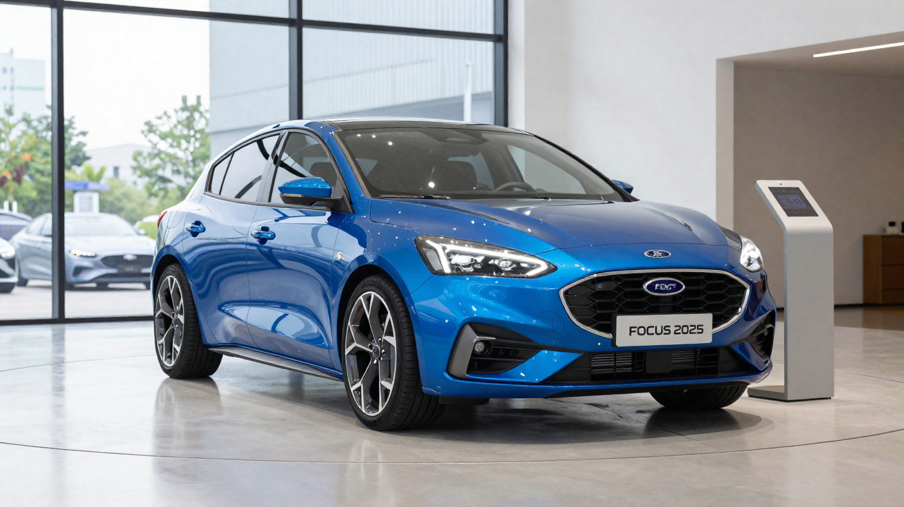 Carro hatch azul Ford Focus 2025 em exposição interna com sistema de identificação digital ao lado.