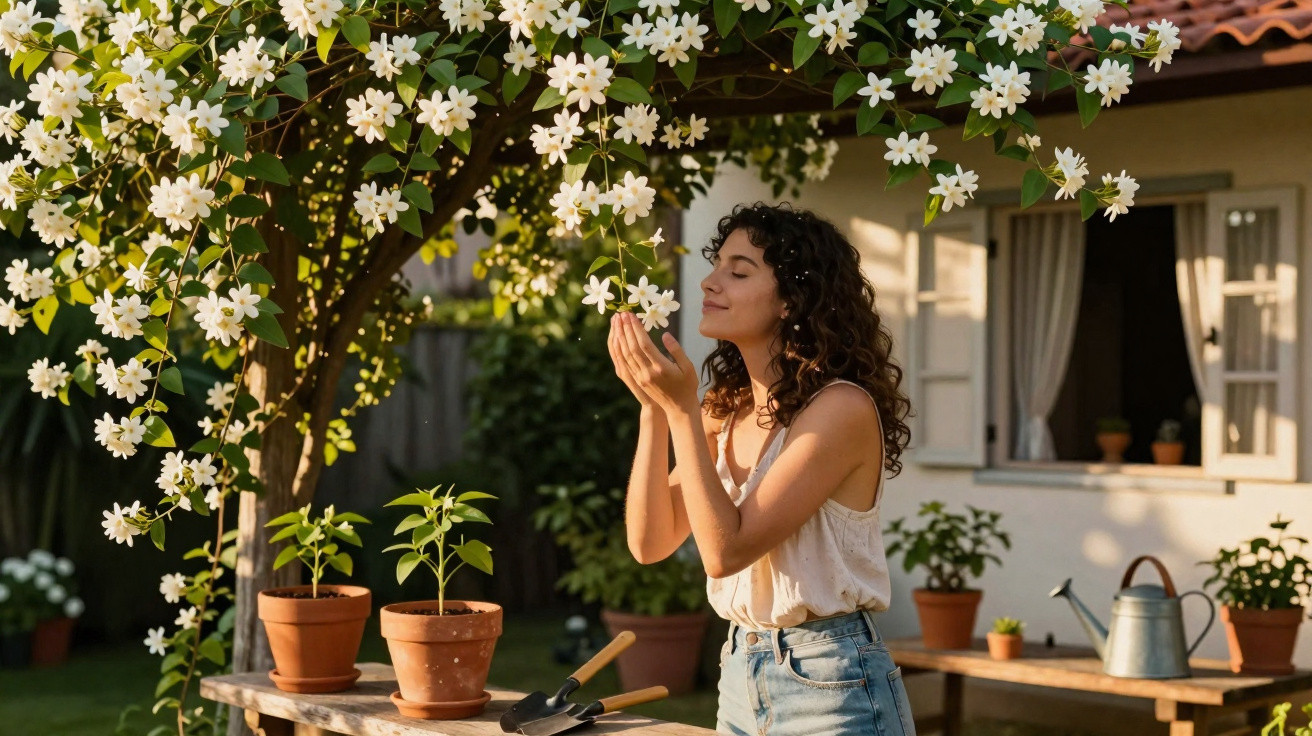 Mulher apreciando flores brancas em jardim com vasos e ferramentas de jardinagem ao redor.