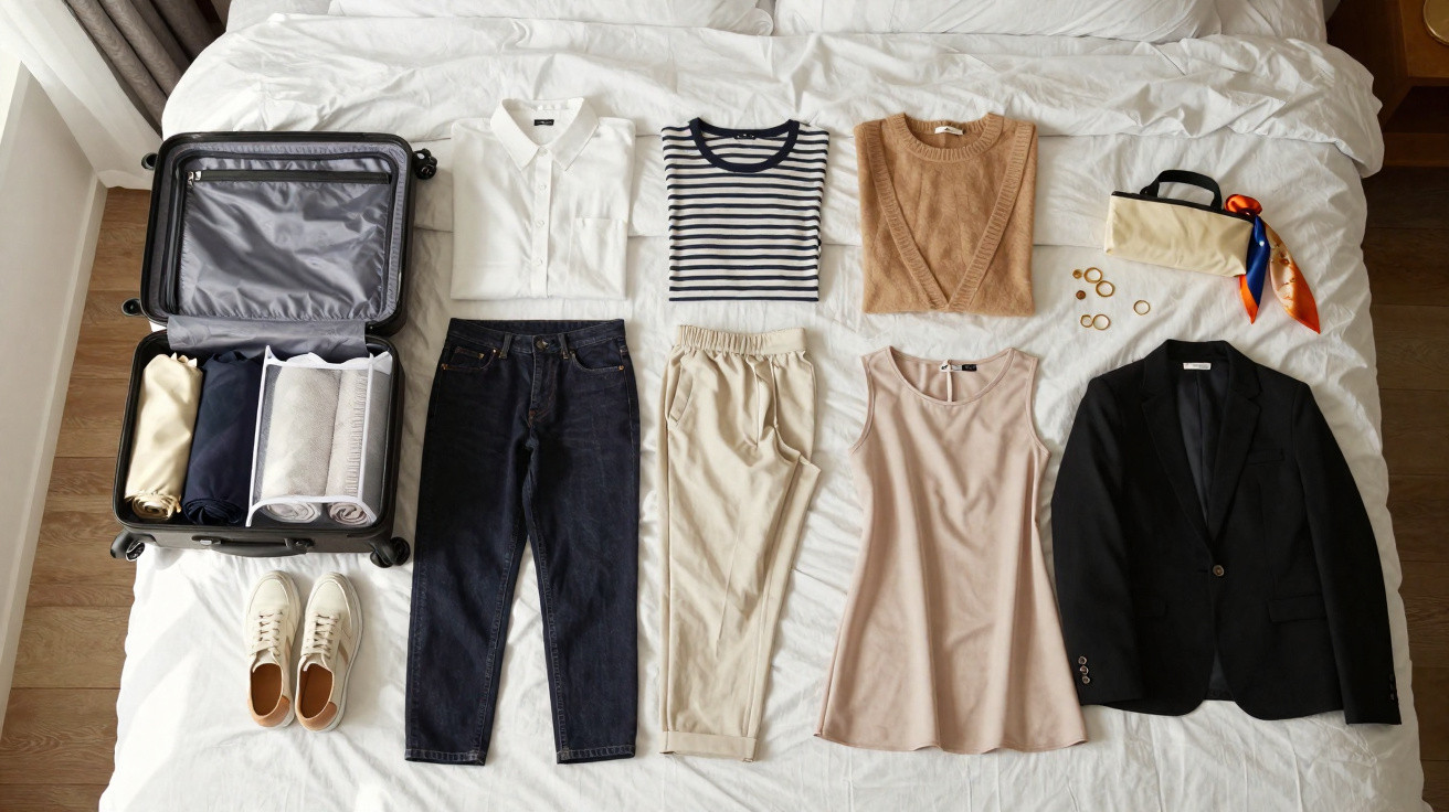 Mala aberta, roupas e acessórios organizados sobre cama branca para viagem casual e formal.