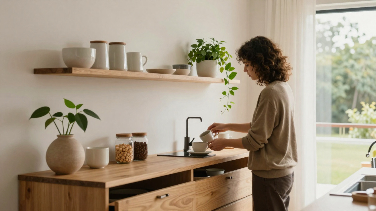 Mulher preparando café em cozinha clara com bancada de madeira e plantas em vasos.