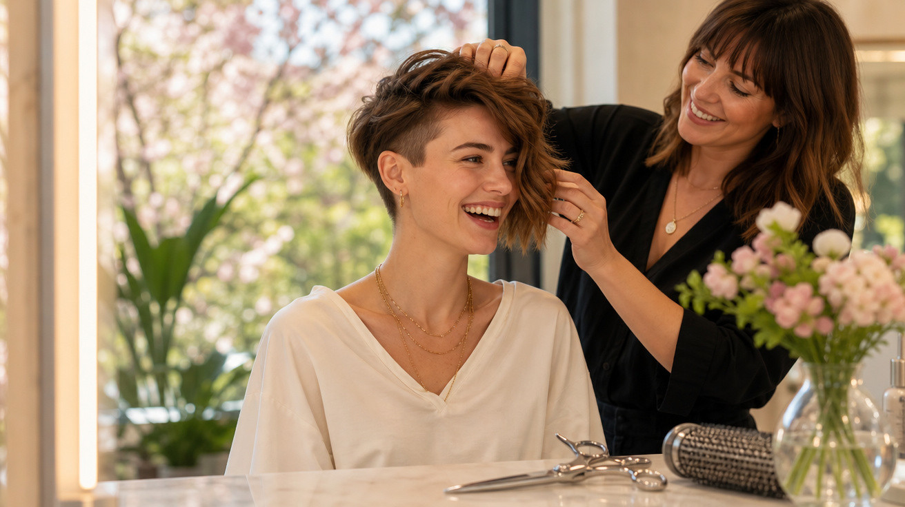 Cliente sorridente recebendo corte de cabelo em salão moderno e iluminado durante o dia.