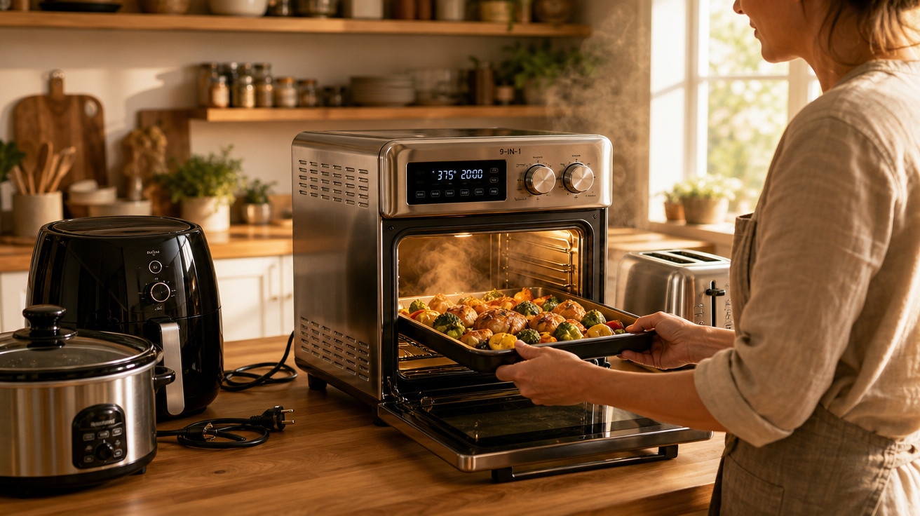Pessoa tirando assadeira de forno elétrico com legumes assados em cozinha iluminada.