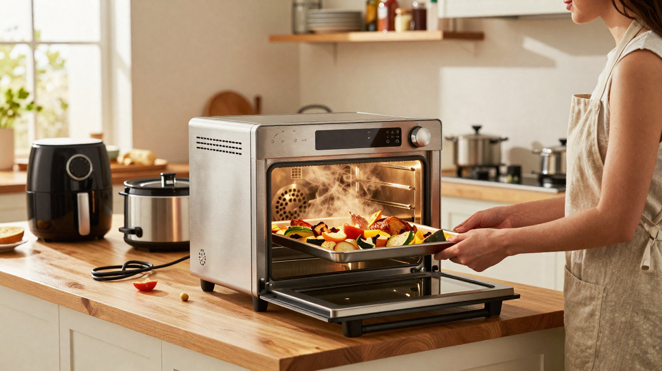 Mulher retirando assadeira com legumes assados de forno elétrico em cozinha moderna.