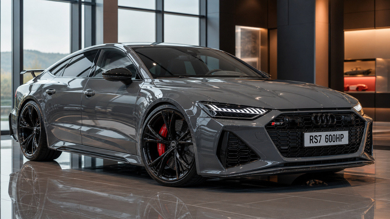 Carro esportivo cinza Audi RS7 com rodas pretas e freios vermelhos em showroom moderno.