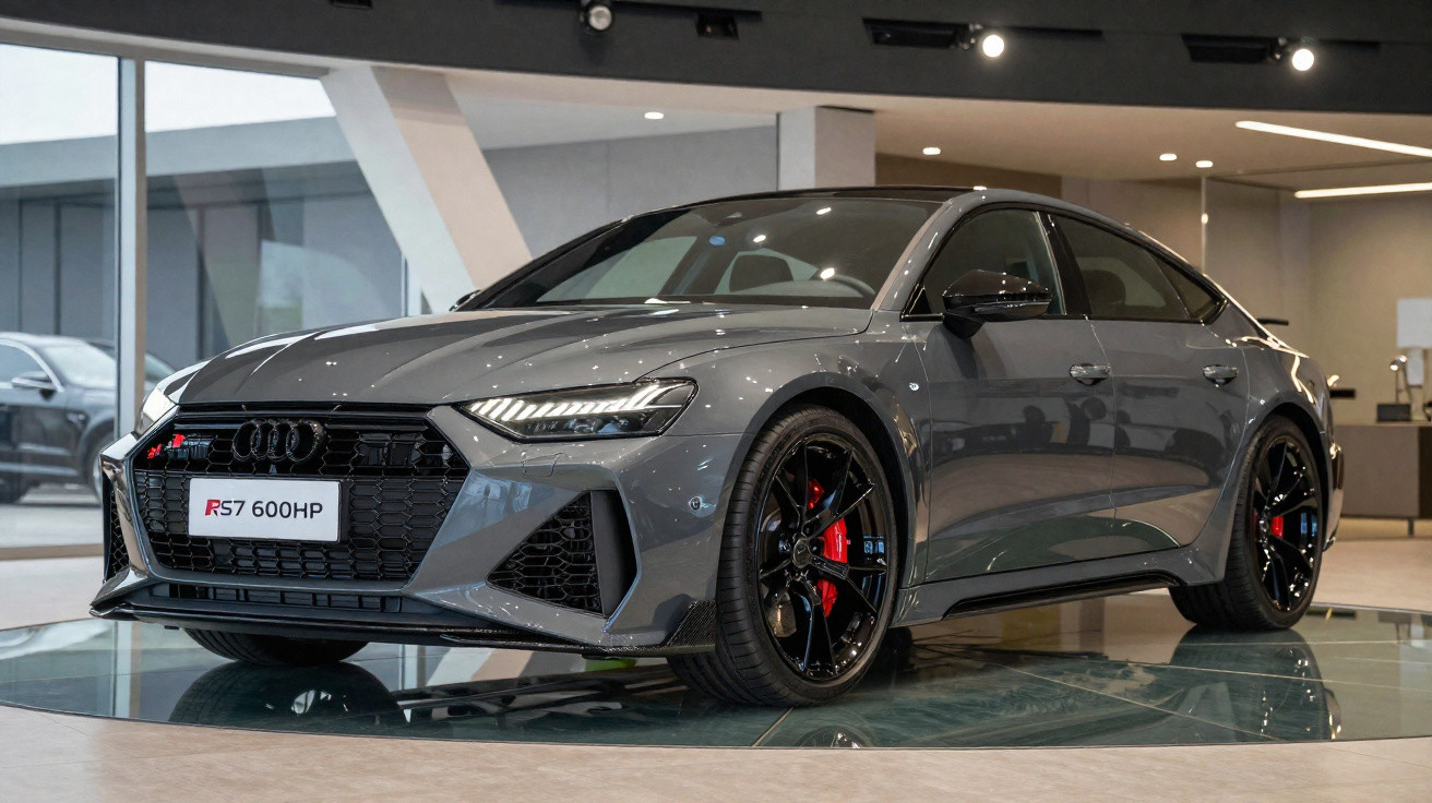 Carro esportivo cinza Audi RS7 600HP em exposição em showroom moderno com rodas pretas e freios vermelhos.