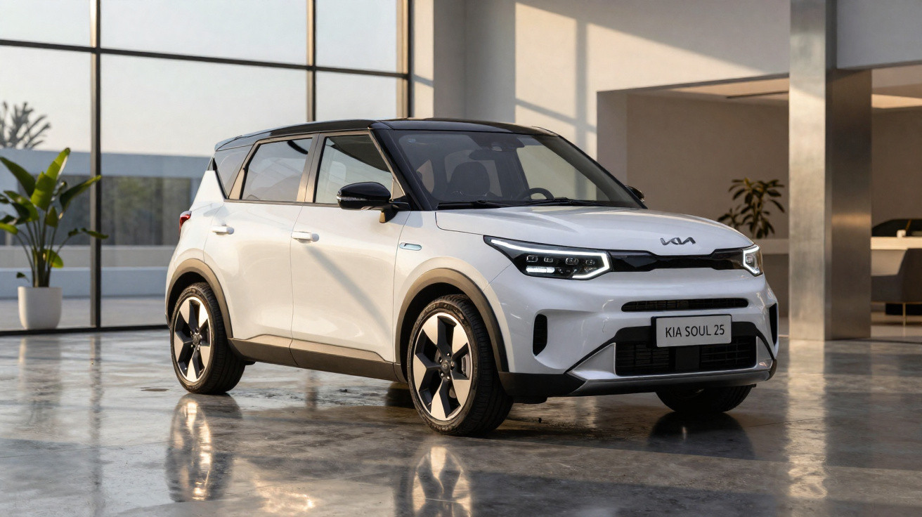 Carro elétrico branco Kia Soul 2025 estacionado em ambiente interno moderno com piso refletivo.
