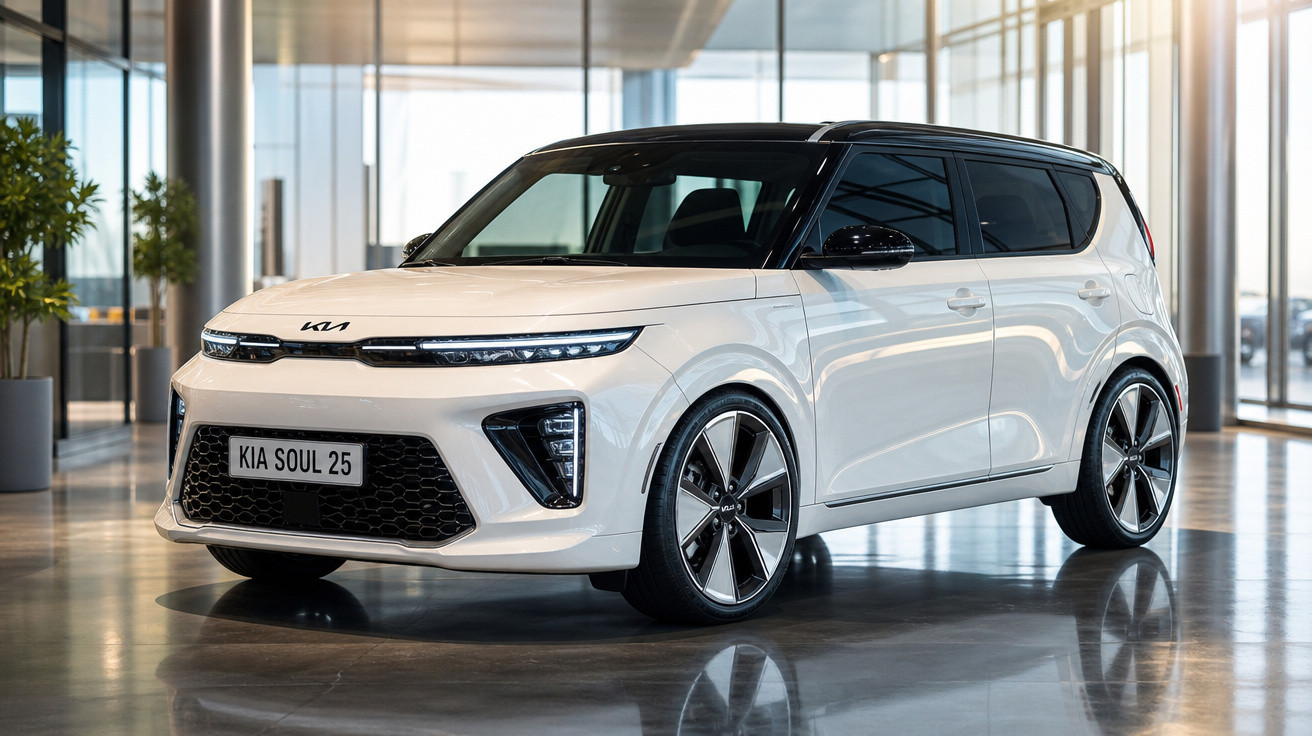 Carro branco Kia Soul 2025 estacionado em ambiente interno moderno com piso brilhante.