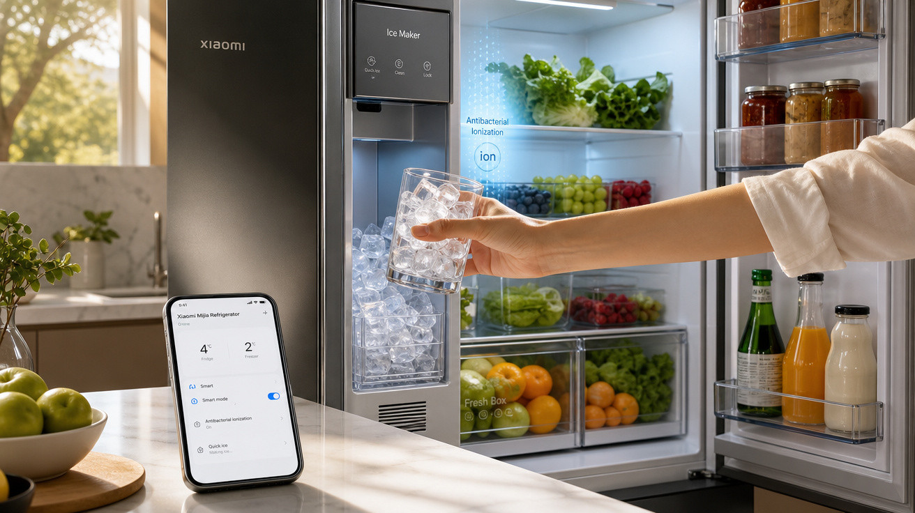 Geladeira Xiaomi com dispenser de gelo em uso, frutas frescas na geladeira e smartphone com app aberto.