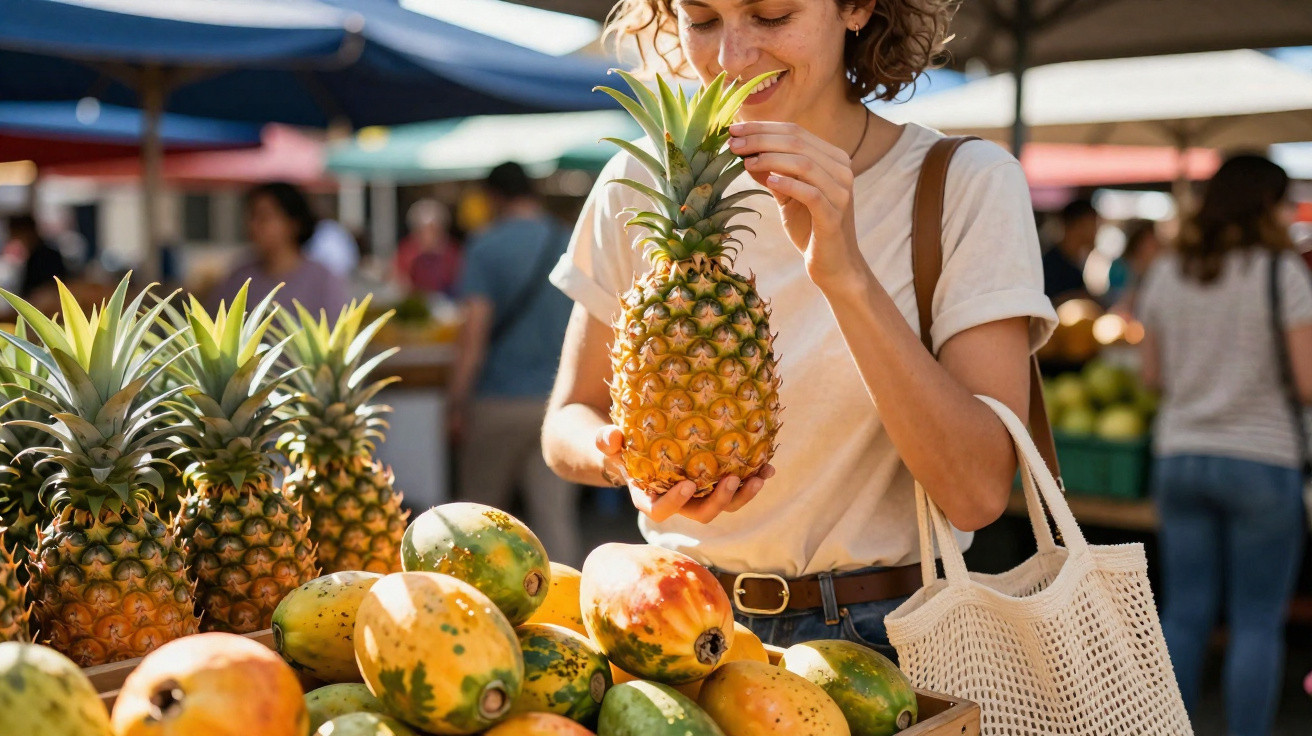 Mulher sorridente segurando abacaxi em feira ao ar livre com frutas variadas em destaque.