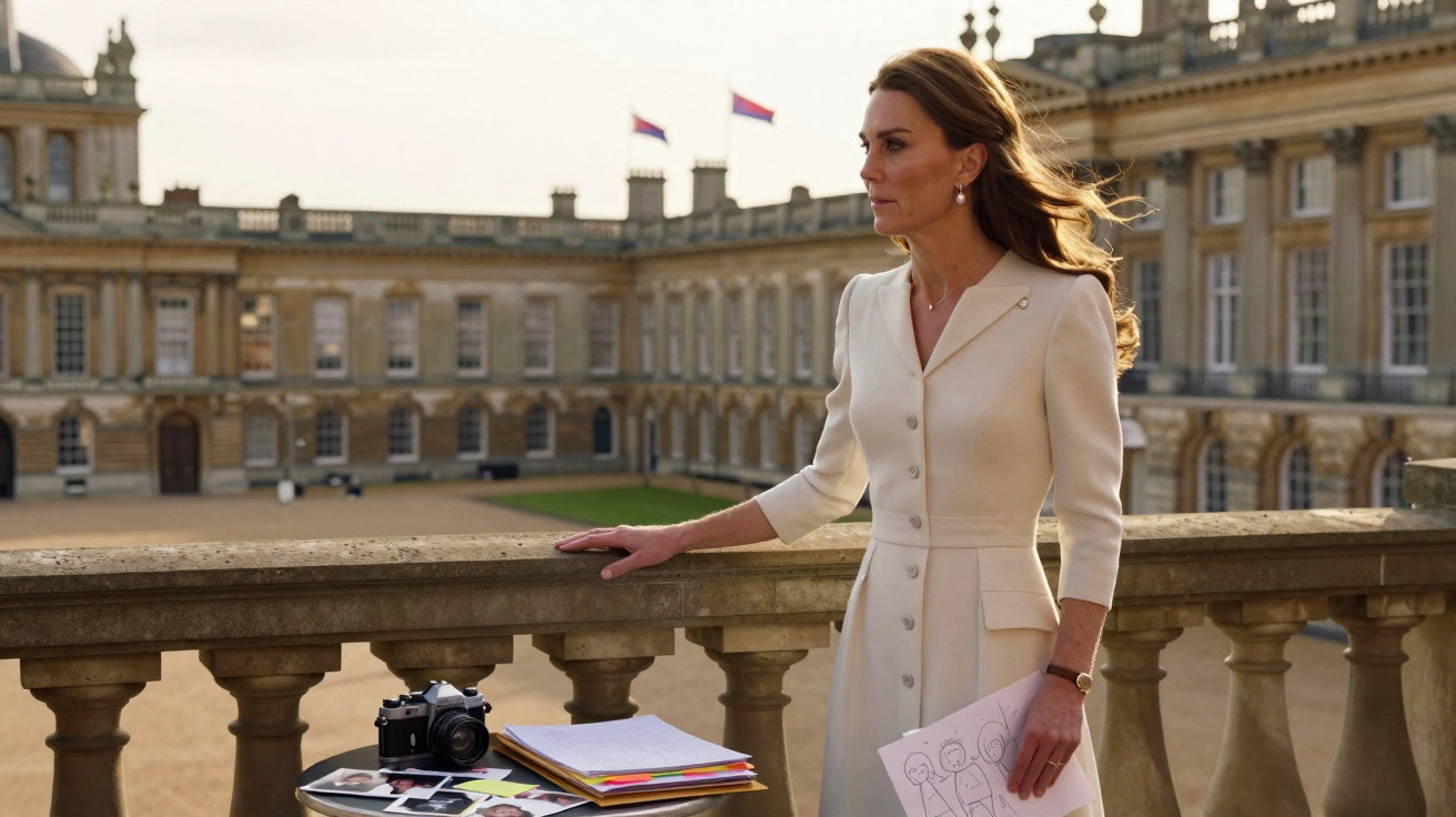 Mulher elegante em vestido branco encostada na sacada de palácio histórico ao entardecer, segurando papel com desenhos.