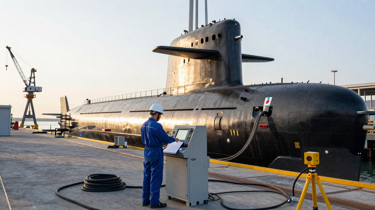 Homem de proteção azul operando máquina ao lado de submarino preto atracado no porto ao entardecer.