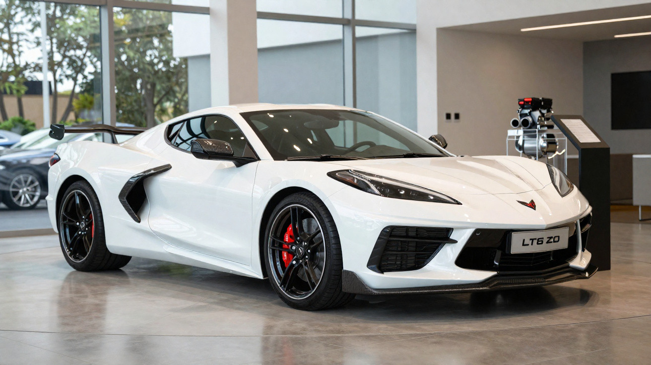 Carro esportivo branco Chevrolet Corvette LT6 ZO exibido em showroom moderno.
