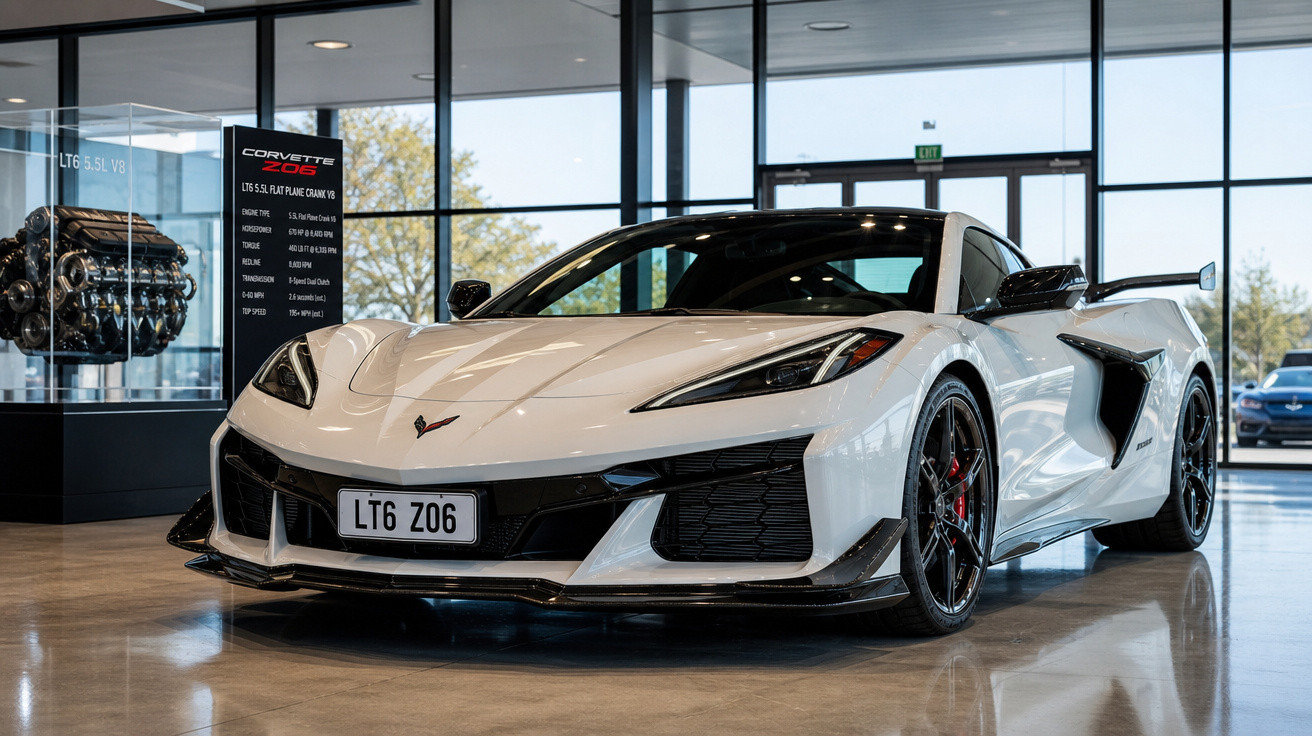 Carro esportivo branco Chevrolet Corvette Z06 estacionado em showroom com motor exposto ao fundo.