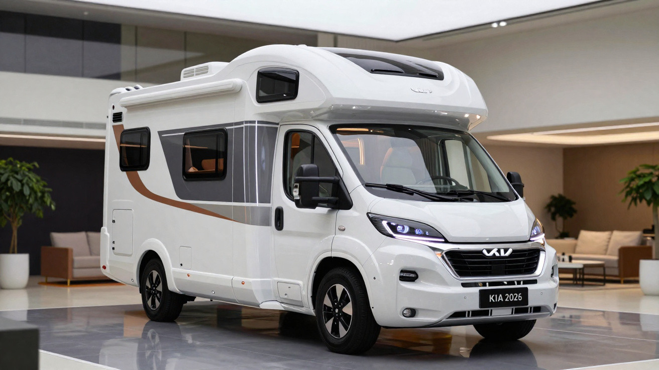 Motorhome branco moderno da Kia modelo 2026 exposto em ambiente interno com plantas e sofá ao fundo.