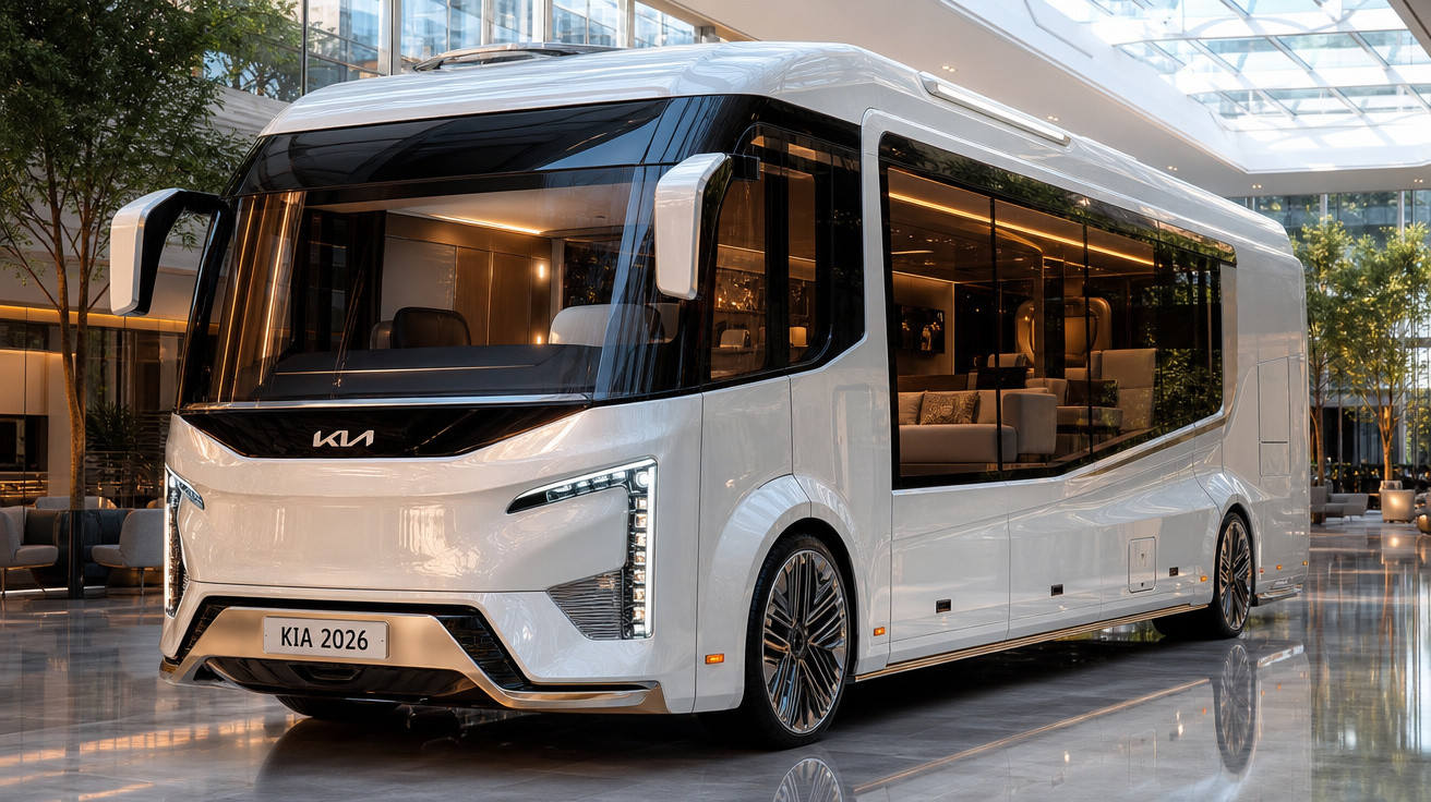 Ônibus branco futurista da Kia modelo 2026 em ambiente interno com janelas amplas e design moderno elegante.