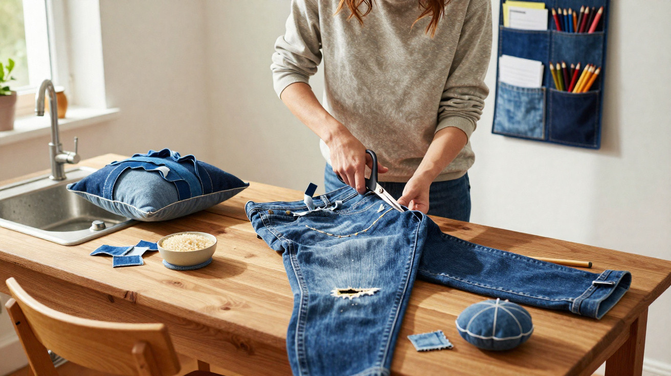 Pessoa cortando tecido em calça jeans sobre mesa de madeira para customização.
