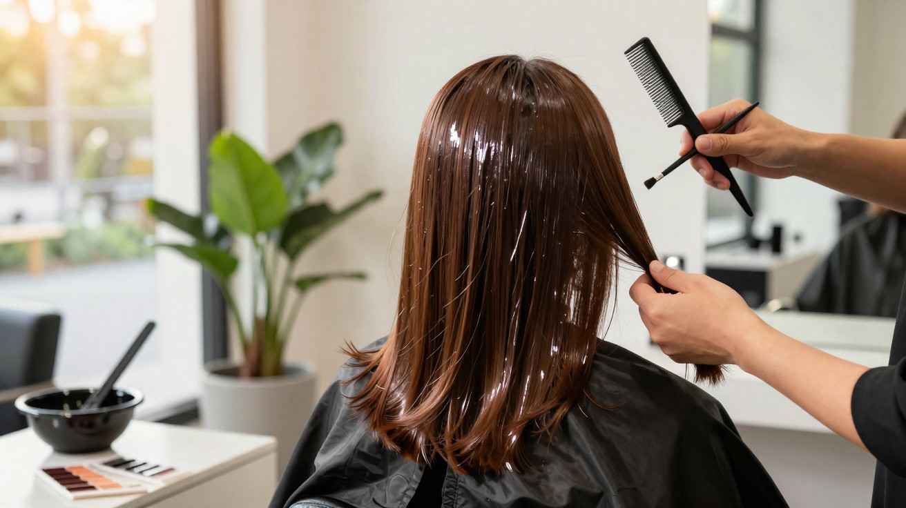 Profissional aplicando produto químico no cabelo castanho de cliente em salão de beleza moderno.