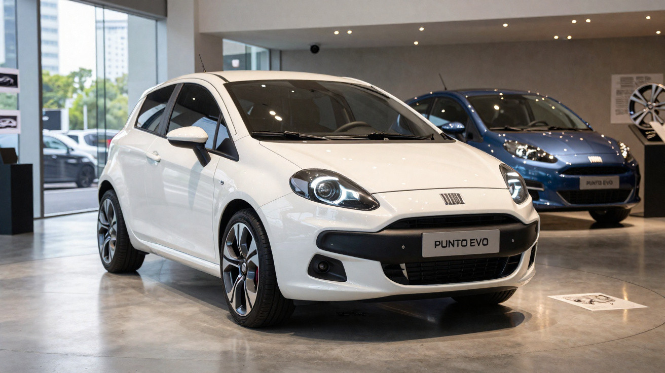 Carro Fiat Punto Evo branco em exposição com outro carro azul ao fundo dentro de loja.