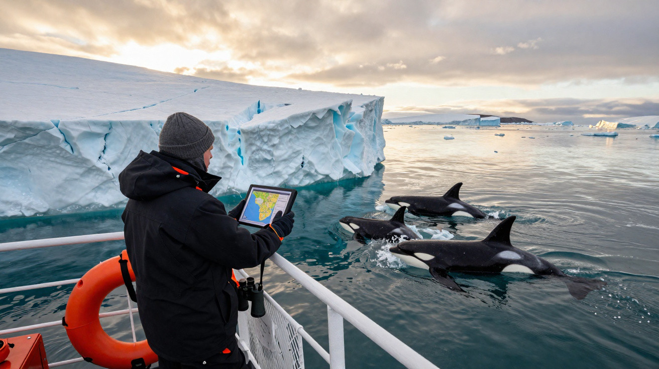 Pessoa observa orcas nadando perto de icebergues enquanto está em barco no mar gelado.