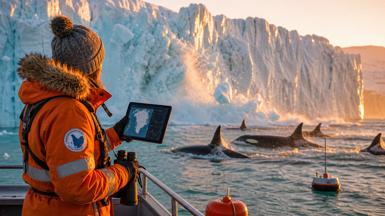 Pesquisador em barco monitora orcas próximas a um iceberg ao pôr do sol no Ártico.