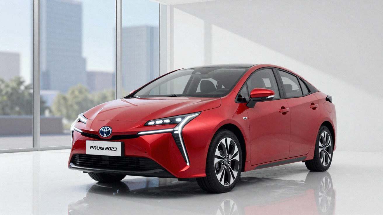 Carro Toyota Prius 2023 vermelho em ambiente interno iluminado com janelas grandes e chão reflexivo.