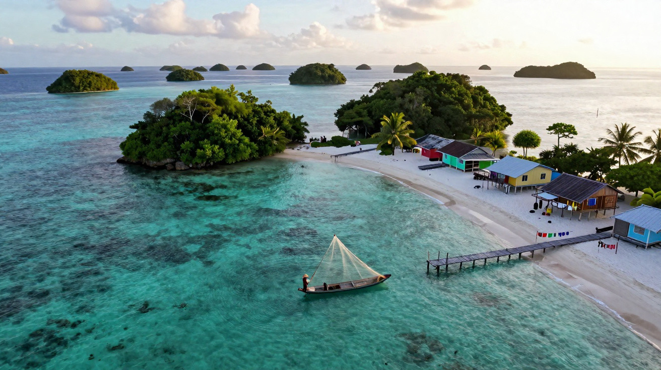Praia com casas coloridas, mar cristalino, barco de pesca e ilhas ao fundo ao pôr do sol.
