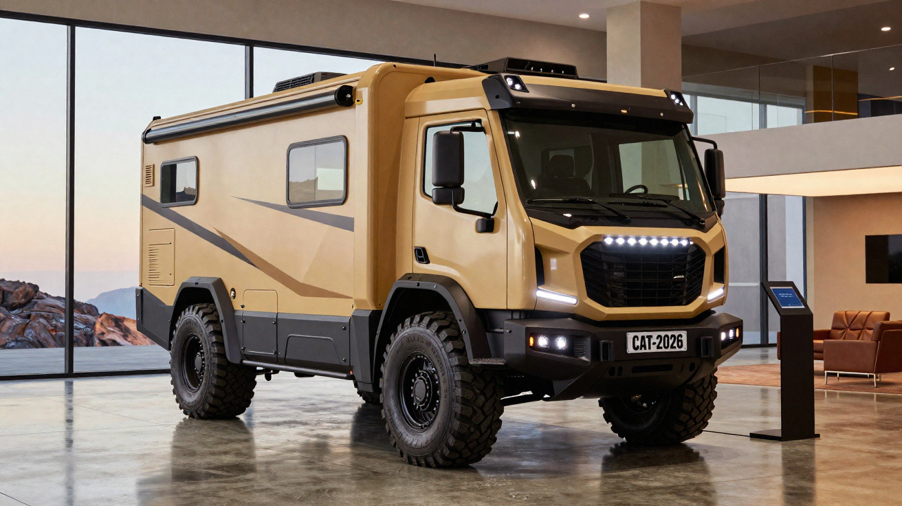 Caminhão off-road amarelo com cabine alta e pneus robustos em ambiente interno moderno e iluminado.