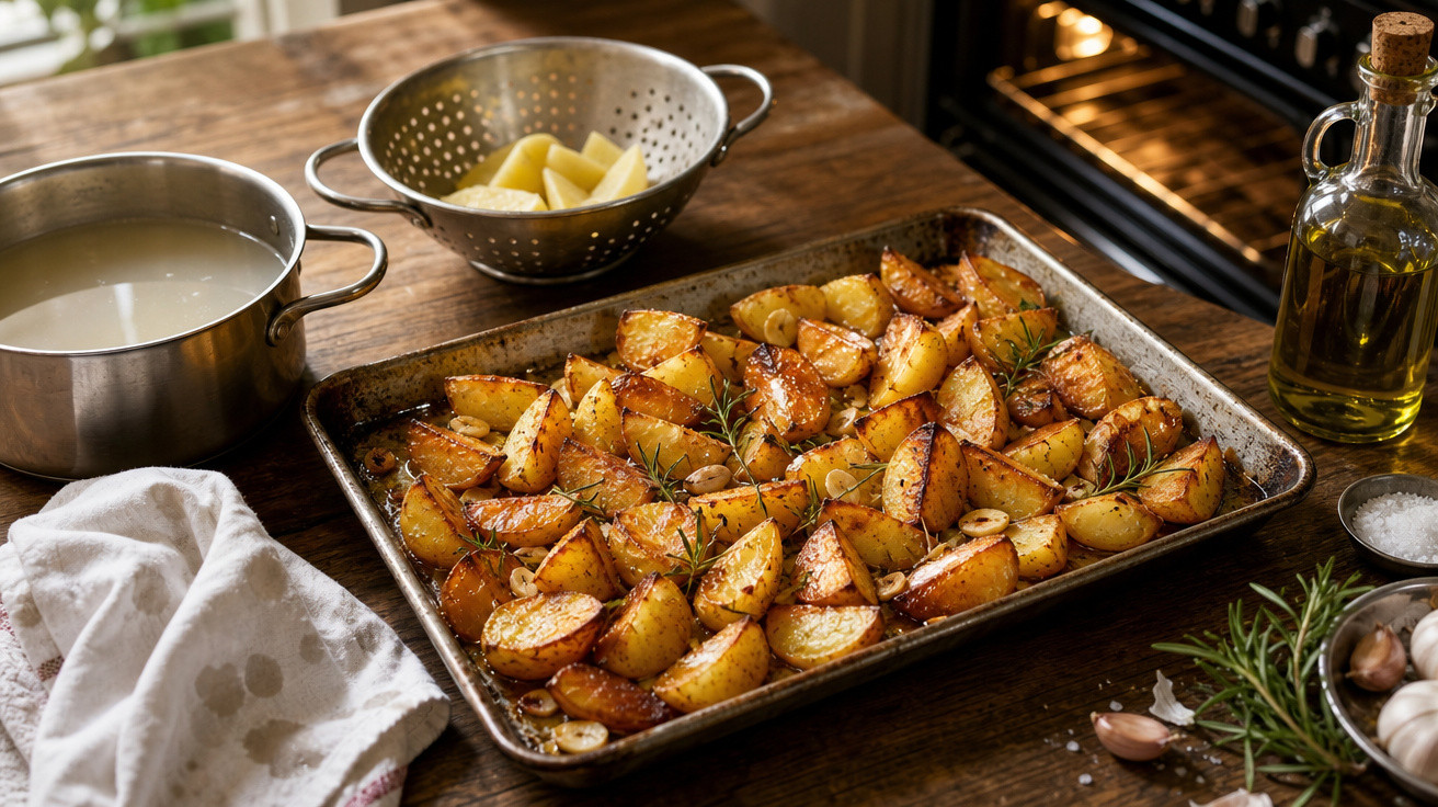 Assadeira com batatas rústicas assadas com alecrim e alho sobre mesa com utensílios e azeite.