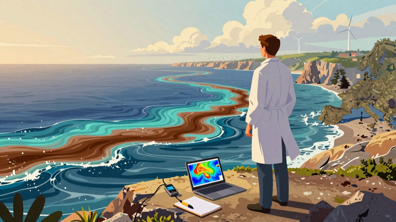 Cientista observa poluição marinha na costa rochosa com equipamentos de monitoramento ambiental.