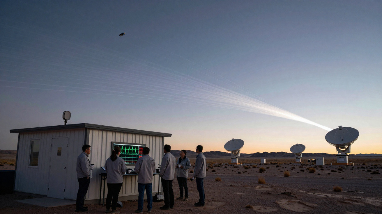 Equipe observa dados em cabine próxima a grandes radiotelescópios em deserto ao pôr do sol.