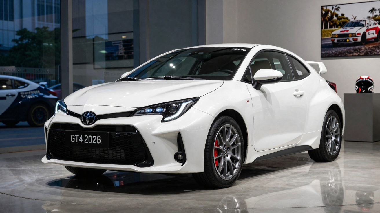 Carro esportivo branco Toyota GT4 2026 em exposição interna com rodas cinza e freios vermelhos.