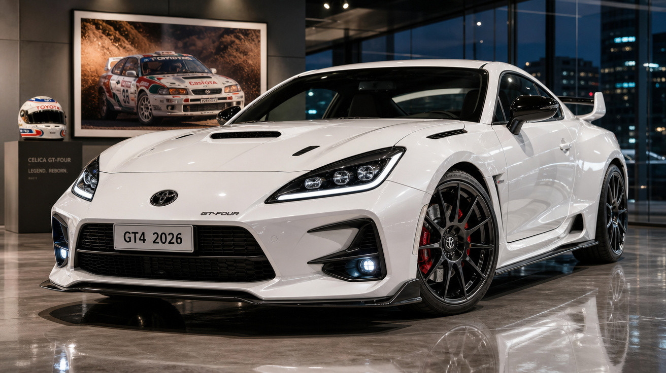 Carro esportivo branco Toyota GR GT4 2026 exibido em salão com iluminação moderna.