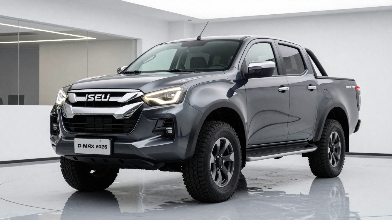 Picape cinza modelo Isuzu D-Max 2026 em estúdio com iluminação branca e piso refletivo.