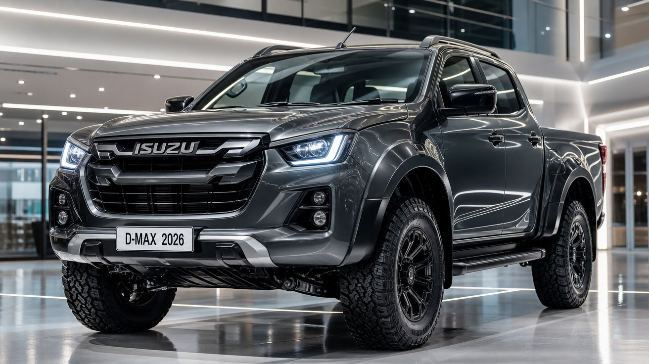 Picape preta Isuzu D-Max 2026 em ambiente interno com iluminação moderna e elegante.
