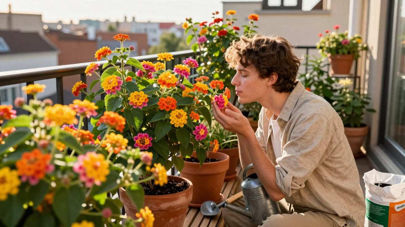 Jovem cheirando flores coloridas em vasos na varanda de um apartamento.